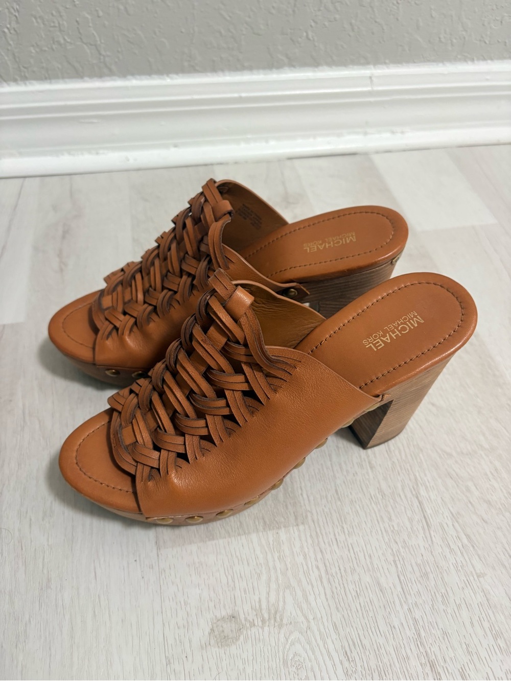 Michael Kors Cognac Woven Leather Block Heel Mules